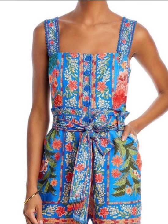 FARM Rio Pants - Farm Rio Stitched Garden Floral Button-Front Romper with Tie Waist